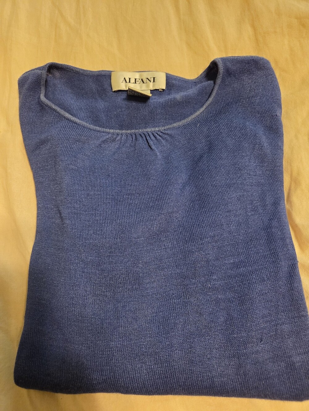 Alfani Blue Silk Crewneck Gathered Detail Knit Top Medium Good